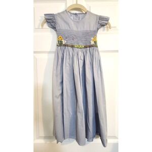 Mela Wilson Hand Smocked Daisies Butterflies French Blue Tie Back Dress Size 6